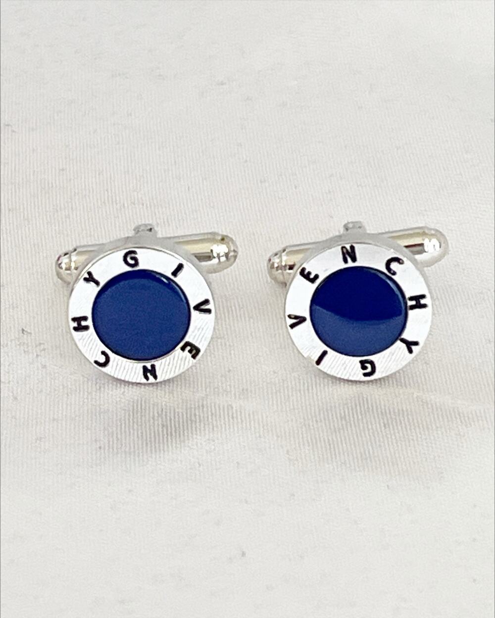 GIVENCHY Cufflinks Round Blue Enamel Polished Silver Tone Frame Brand Logo